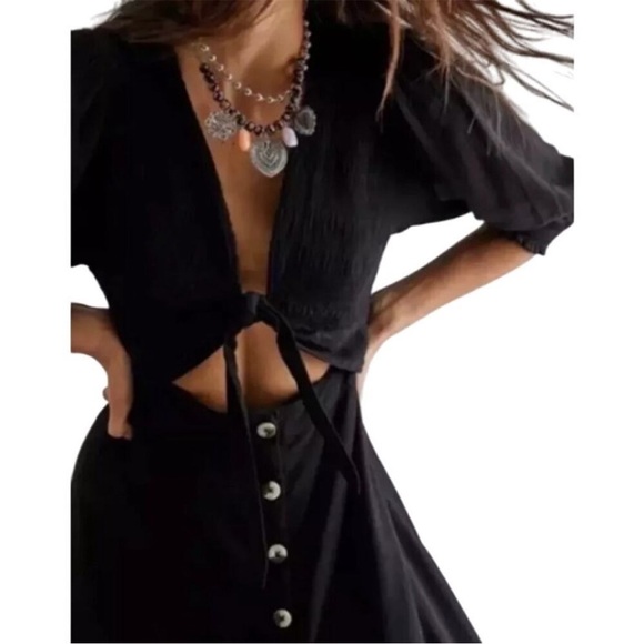 Free People Tie Front String of Hearts Maxi Dress Boho Black size large - Picture 6 of 14